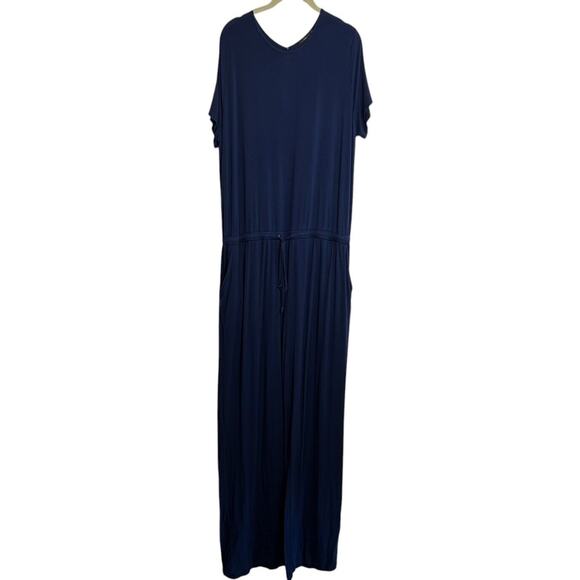 Unbranded Pants - Womens Knit Jumpsuit Size XXL Navy Blue Short Sleeve Wide Leg Drawstring Pockets